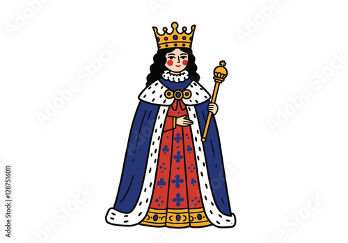 Clip art of the queen. The image shows a queen wearing a crown and holding a scepter, dressed in royal attire. Vector illustration design.