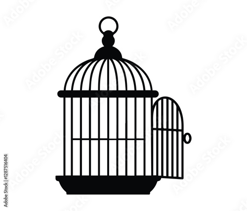 A simple, black silhouette of an empty birdcage against a white background. Empty Birdcage Silhouette, Representing Confinement