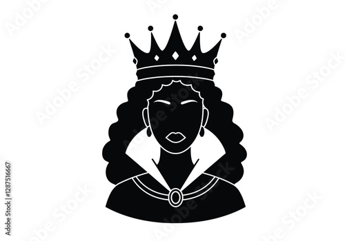 Black queen clipart. A regal silhouette of a queen with a crown and elegant jewelry. Vector illustration design.