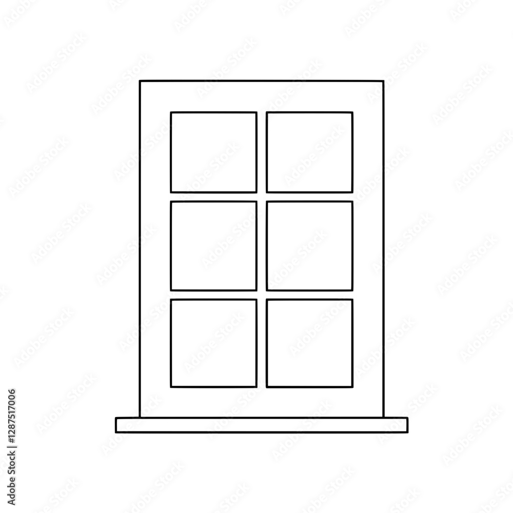 Window Frame: A minimalist line drawing of a window with six panes, the simple geometry is shown. Window Frame: A minimalist line drawing of a window with six panes, the simple geometry is shown.