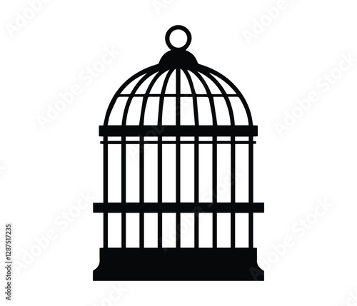 A simple, black silhouette of an empty birdcage against a white background. Empty Birdcage Silhouette, Representing Confinement