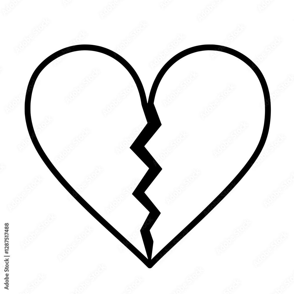 Cracked Heart Silhouette: A poignant black and white line art of a broken heart, symbolizing emotional distress, heartbreak, loss, and the fragility of love. Cracked Heart Silhouette: A poignant black and white line art of a broken heart, symbolizing emotional distress, heartbreak, loss, and the fragility of love.