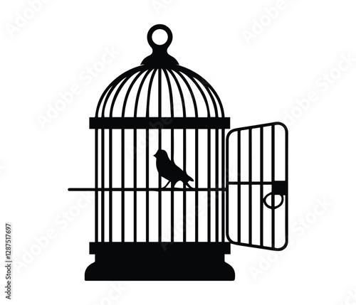 A simple, black silhouette of an empty birdcage against a white background. Empty Birdcage Silhouette, Representing Confinement