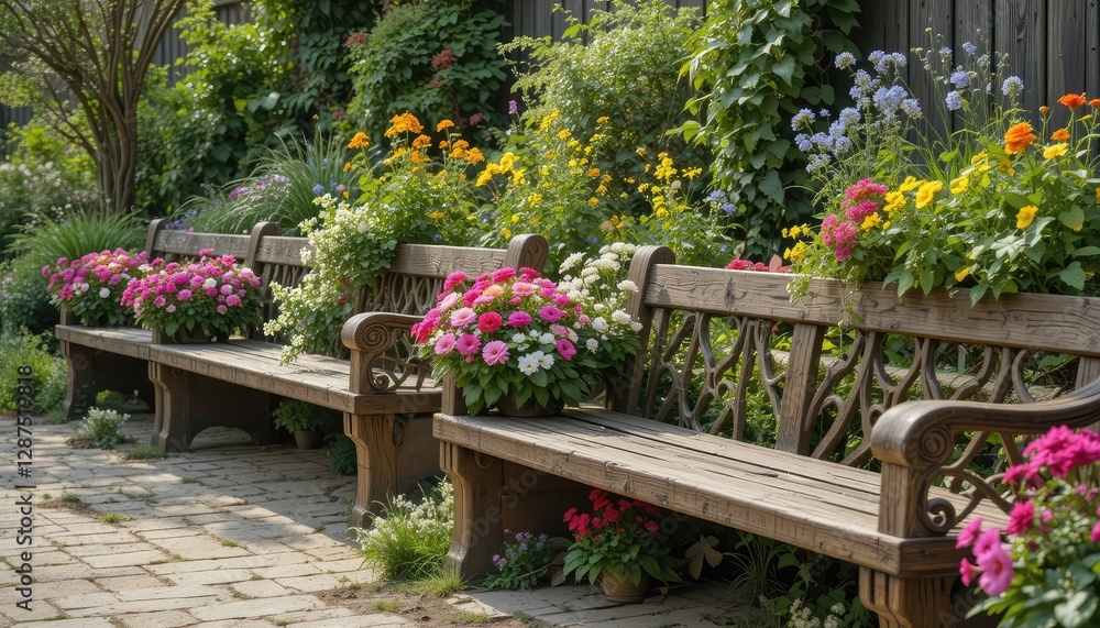 Rustic Garden Benches Adorned with Flowers in a Tranquil Outdoor Setting Rustic Garden Benches Adorned with Flowers in a Tranquil Outdoor Setting