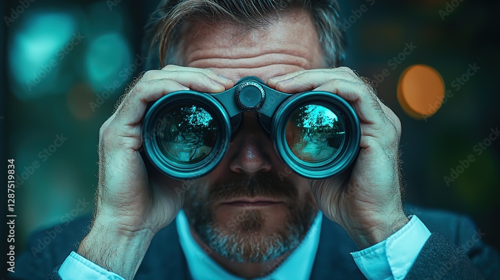 Businessman with binoculars, vision for success, peering into future to search for job opportunity, discovery awaits as he finds new direction , 8k image Businessman with binoculars, vision for success, peering into future to search for job opportunity, discovery awaits as he finds new direction , 8k image