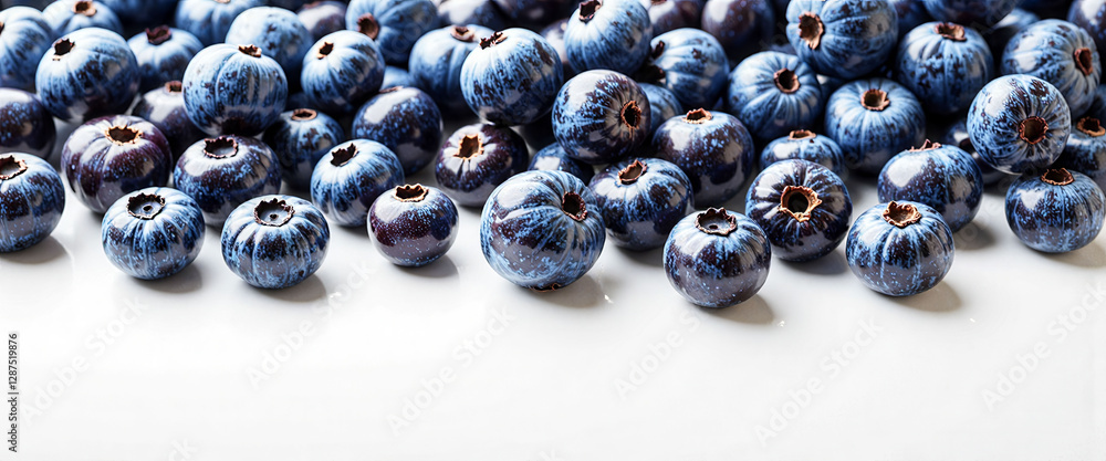A bunch of blueberries are spread out on a white background. The blueberries are small and round, and they are arranged in a way that creates a sense of depth and texture A bunch of blueberries are spread out on a white background. The blueberries are small and round, and they are arranged in a way that creates a sense of depth and texture