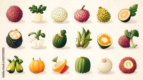 A detailed collection of exotic vegetable flat icons, showcasing unique produce like rambutan, jackfruit, durian, okra, and lotus root. Bright colors, smooth vector strokes, photo