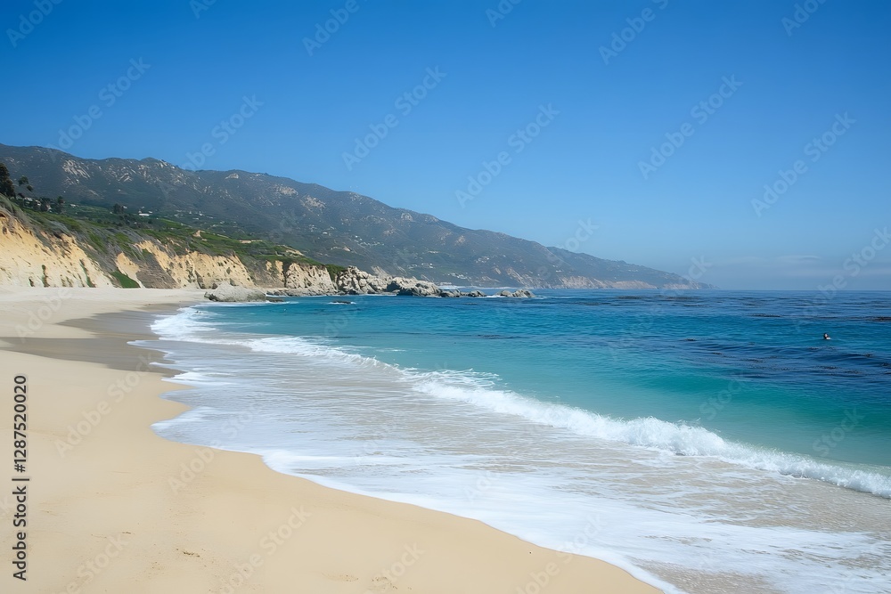 Sandy Beach, Turquoise Ocean, Coastal Cliffs Sandy Beach, Turquoise Ocean, Coastal Cliffs