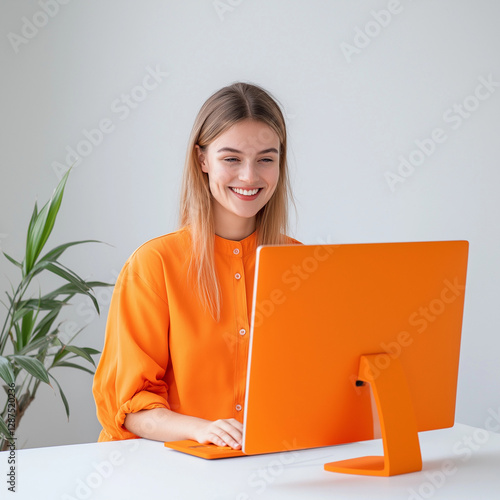 Obraz na płótnie A woman is sitting at a desk with an orange computer monitor in front of her w salonie