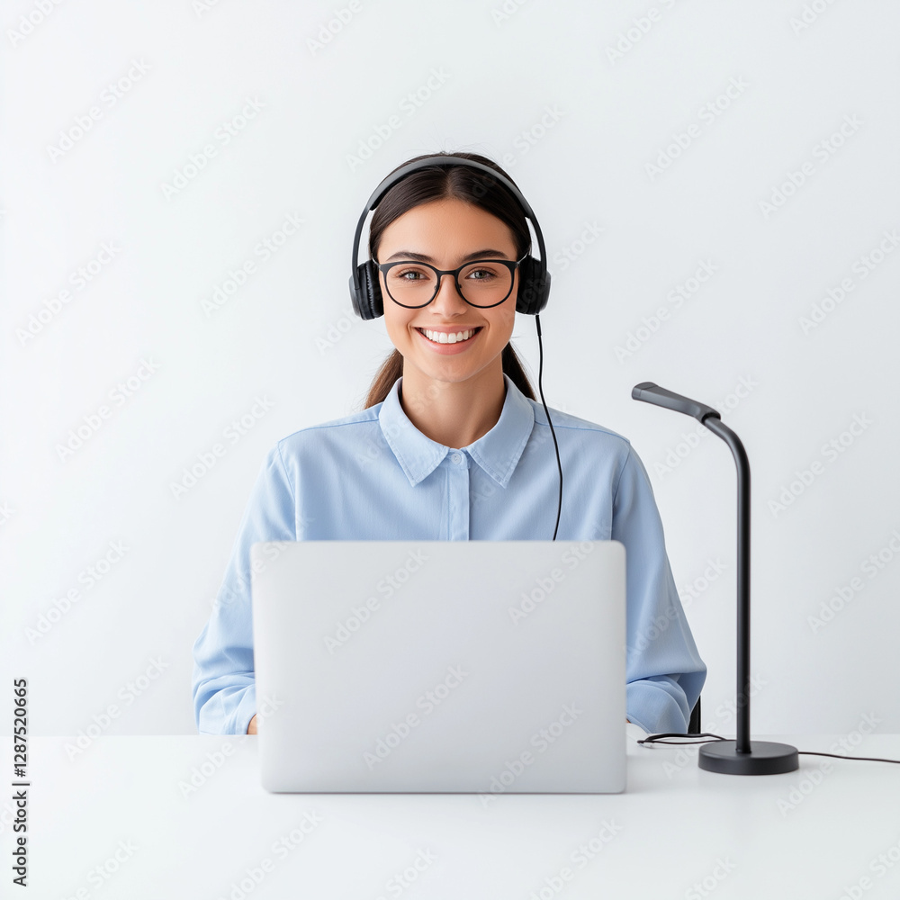 A woman wearing headphones and smiling while sitting at a desk with a laptop A woman wearing headphones and smiling while sitting at a desk with a laptop