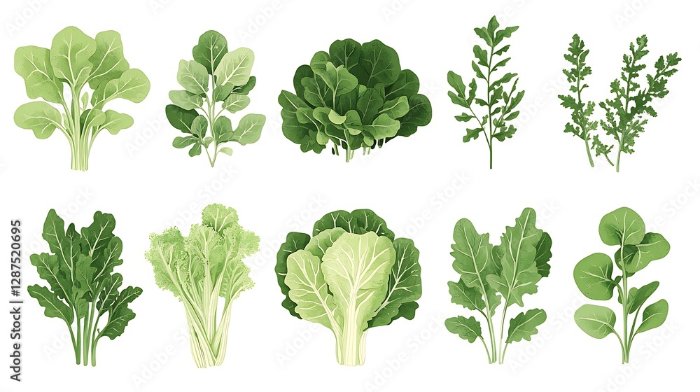 A hand-drawn inspired vector set of leafy green vegetable icons, including napa cabbage, collard greens, and watercress. Soft, flat design with subtle texture and a fresh, organic theme. --ar 16:9 A hand-drawn inspired vector set of leafy green vegetable icons, including napa cabbage, collard greens, and watercress. Soft, flat design with subtle texture and a fresh, organic theme. --ar 16:9