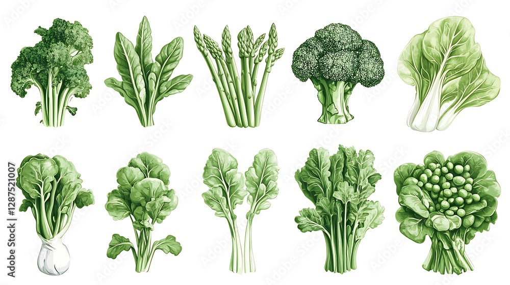 A high-quality vector set of organic market vegetable icons, featuring stylized illustrations of asparagus, peas, and broccoli. Crisp lines, soft shading, A high-quality vector set of organic market vegetable icons, featuring stylized illustrations of asparagus, peas, and broccoli. Crisp lines, soft shading,