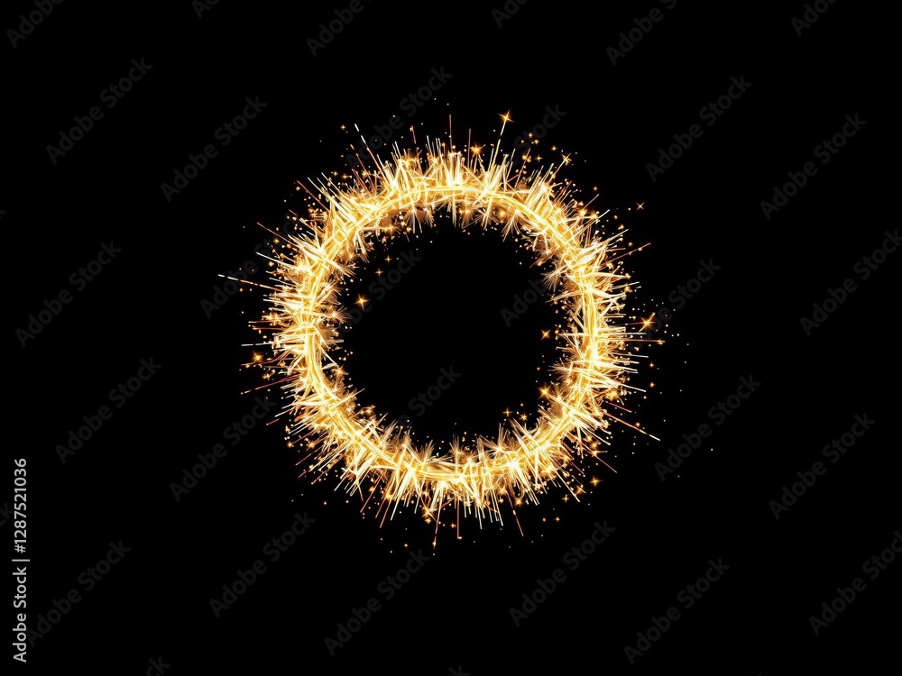 Fototapeta premium Golden glitter circle with sparkles and shimmering particles on black background, creating a magical and festive atmosphere, firework, spark particles, circle