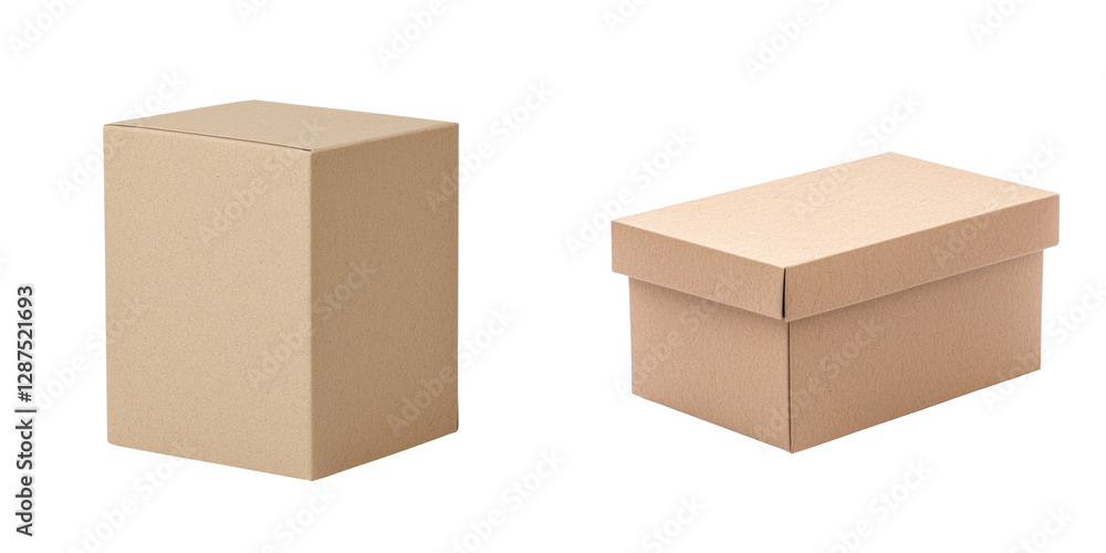 Minimal compact packaging. Two cardboard boxes of different shapes, one rectangular and the other with a lid, both showcasing a simple, unadorned design. Minimal compact packaging. Two cardboard boxes of different shapes, one rectangular and the other with a lid, both showcasing a simple, unadorned design.