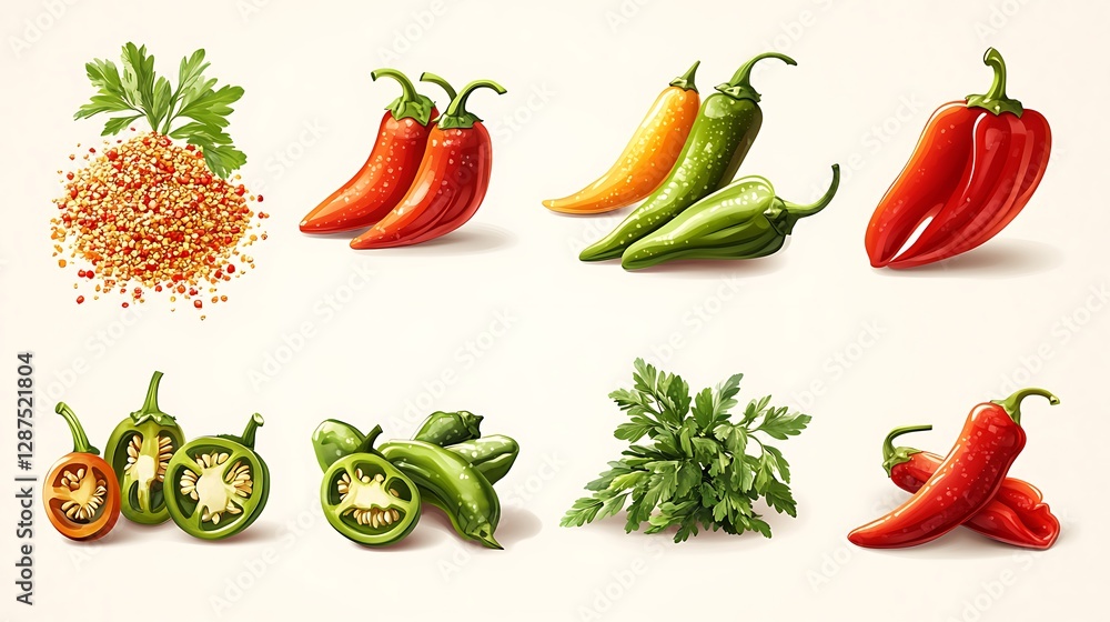 A modern, high-quality vector set of spicy vegetables, including crushed chili flakes, dried pepper icons, and fresh jalapeños. Smooth, flat icon design with bold shadows and sharp outlines. A modern, high-quality vector set of spicy vegetables, including crushed chili flakes, dried pepper icons, and fresh jalapeños. Smooth, flat icon design with bold shadows and sharp outlines.