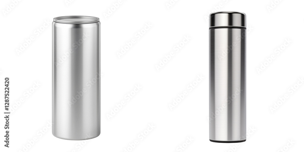 Minimal compact packaging. Two sleek, metallic containers with cylindrical shapes, one resembling a can and the other a thermos, showcasing a modern design. Minimal compact packaging. Two sleek, metallic containers with cylindrical shapes, one resembling a can and the other a thermos, showcasing a modern design.