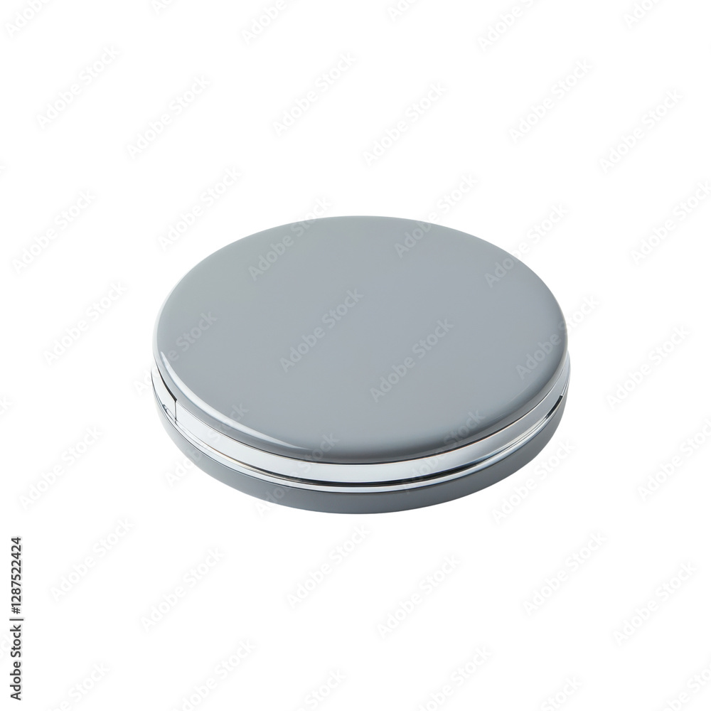 Minimal compact packaging. A smooth, round gray tin with a subtle metallic sheen, featuring a straightforward design. Minimal compact packaging. A smooth, round gray tin with a subtle metallic sheen, featuring a straightforward design.
