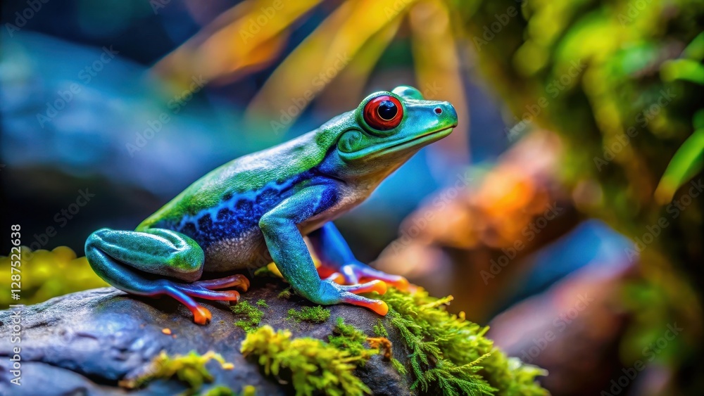 Vibrant Amphibian Perched on Mossy Rock, showcasing iridescent skin and striking red eyes in a lush, natural habitat. Vibrant Amphibian Perched on Mossy Rock, showcasing iridescent skin and striking red eyes in a lush, natural habitat.