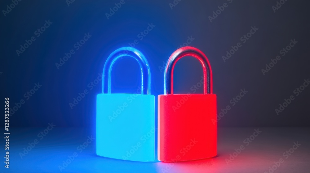 Two digitally rendered padlocks, one blue and one red, illuminated against a dark background, symbolizing security and protection. Two digitally rendered padlocks, one blue and one red, illuminated against a dark background, symbolizing security and protection.