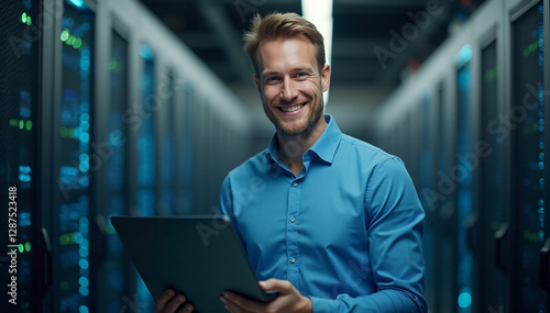 A German man, appearing confident and approachable, stands in a high tech server room, holding a sleek, modern laptop in his hand