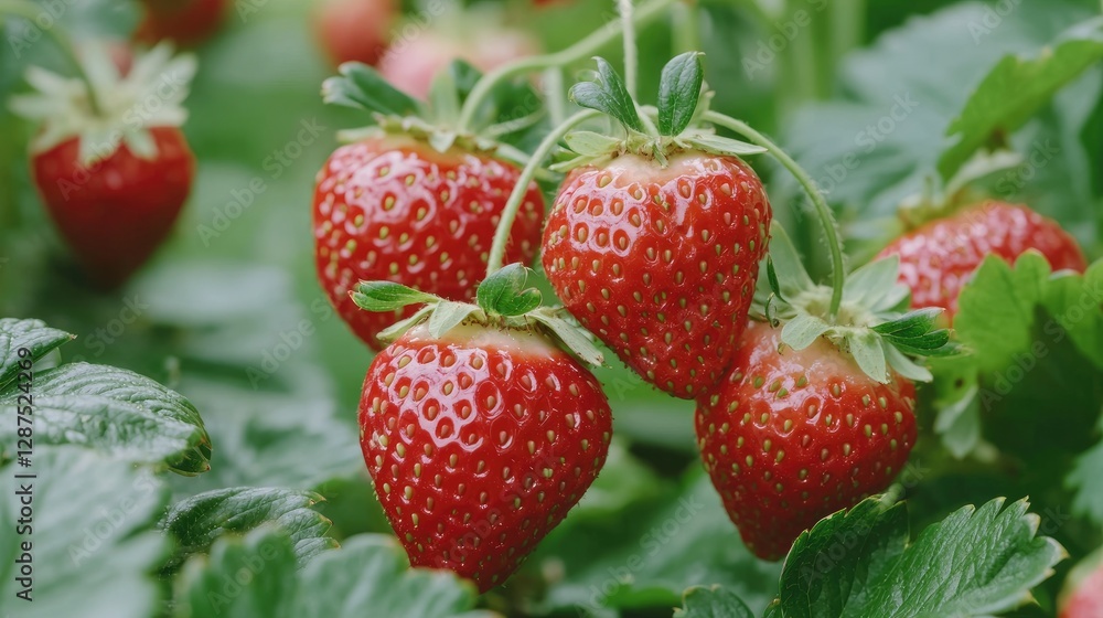 Fresh strawberries on the vine in a farm setting. Use for food articles or gardening Fresh strawberries on the vine in a farm setting. Use for food articles or gardening