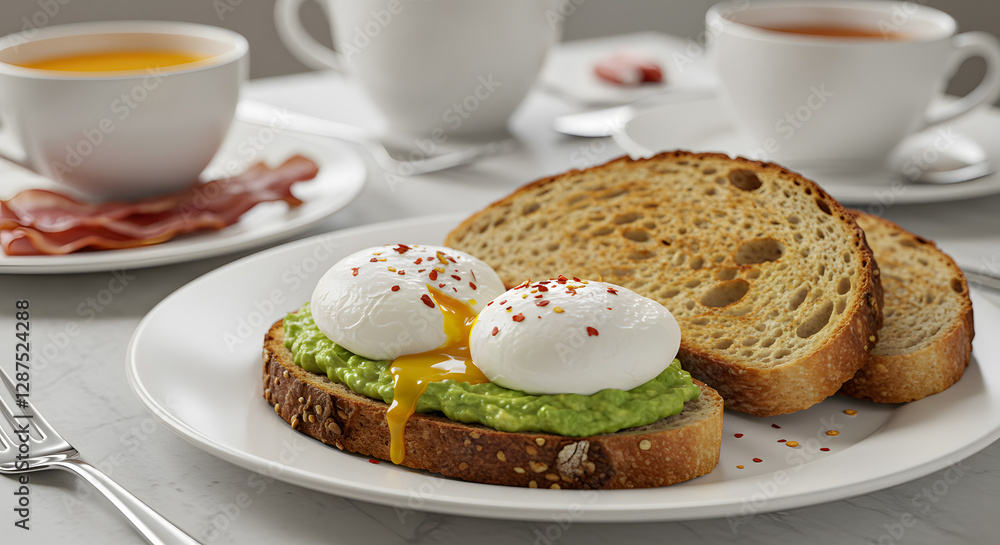 Lavish breakfast spread featuring thick slices of sourdough bread toasted to perfection, topped with avocado, soft poached eggs, and chili flakes. Lavish breakfast spread featuring thick slices of sourdough bread toasted to perfection, topped with avocado, soft poached eggs, and chili flakes.