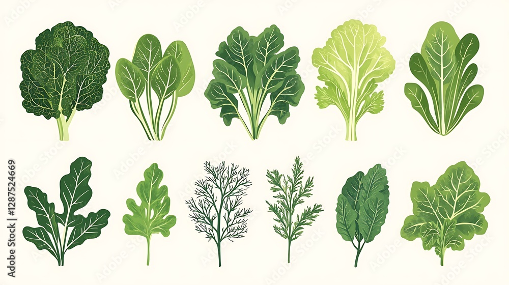 A stylish flat vector illustration pack featuring leafy greens such as lettuce, kale, spinach, arugula, and Swiss chard. Clean, modern design with organic shapes and a fresh green color palette, A stylish flat vector illustration pack featuring leafy greens such as lettuce, kale, spinach, arugula, and Swiss chard. Clean, modern design with organic shapes and a fresh green color palette,