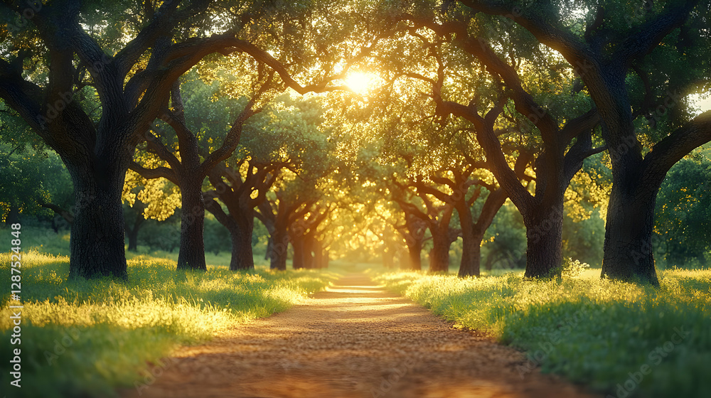 Sunlit Path Through Oak Trees Sunlit Path Through Oak Trees