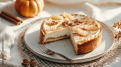 Wallpaper Mural Festive spiced pear cake with a decorative fork placed next to a slice, cinnamon sticks, pumpkins, and textured tablecloth, sunlight filtering in Torontodigital.ca