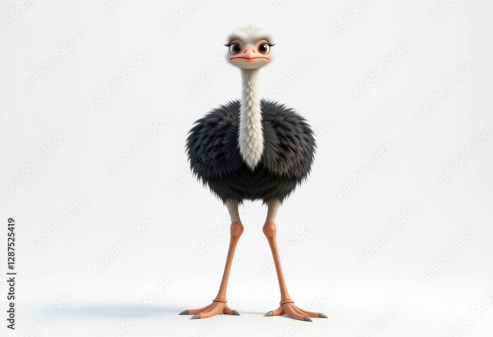Fototapeta premium Standing Cartoon Ostrich Character with Large Eyes on White Background