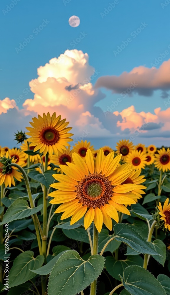 Fototapeta premium Sunflowers bloom under a vibrant sky with a full moon and clouds during sunset