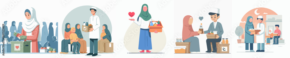 A vector graphic in flat design style, simple and minimalist, of a Muslim teenager volunteering at a charity, distributing food on a plain white background.