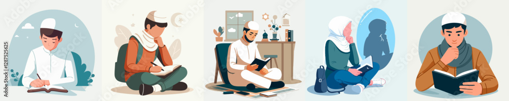 A vector illustration in flat design style, simple and minimalist, of a Muslim teenager reflecting in a journal on a plain white background. A vector illustration in flat design style, simple and minimalist, of a Muslim teenager reflecting in a journal on a plain white background.