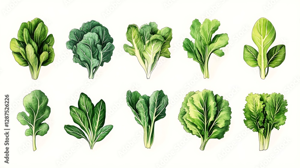 A visually appealing collection of leafy green vegetable icons, featuring butter lettuce, spinach, bok choy, and rainbow chard. Smooth vector strokes with a balanced and eco-conscious aesthetic. A visually appealing collection of leafy green vegetable icons, featuring butter lettuce, spinach, bok choy, and rainbow chard. Smooth vector strokes with a balanced and eco-conscious aesthetic.