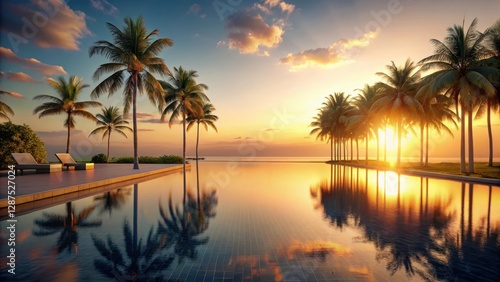 Tranquil sunrise scene at a luxurious resort featuring a pristine infinity pool, reflecting the golden hour light and the silhouettes of palm trees, creating a serene and idyllic escape.