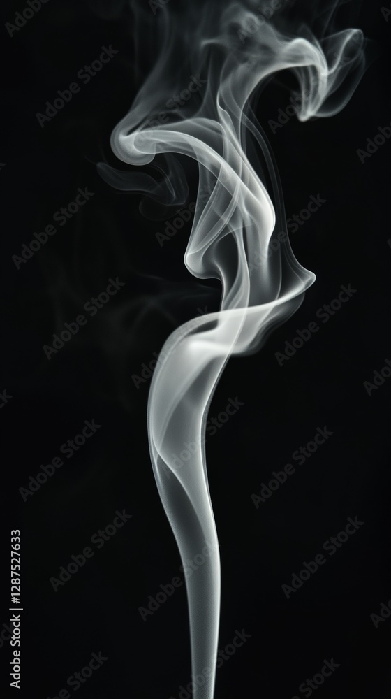 Delicate wisp of rising smoke against a black background, ethereal motion. Abstract art and tranquility concept Delicate wisp of rising smoke against a black background, ethereal motion. Abstract art and tranquility concept