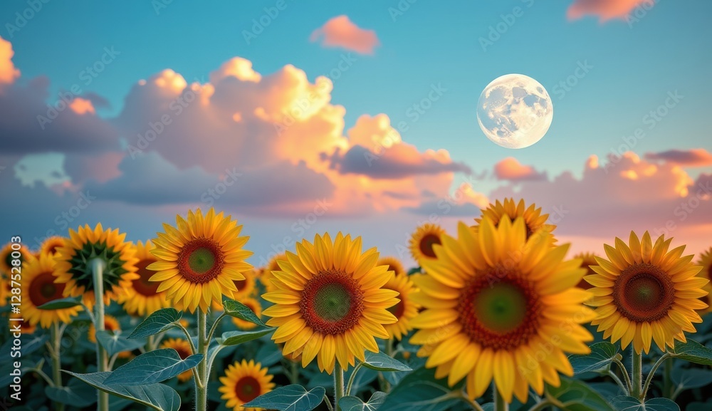 Obraz premium Sunflowers bloom under a vibrant sky with a full moon and clouds during sunset