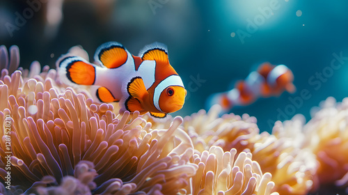 A small orange and white fish is swimming in a sea of green and yellow cora