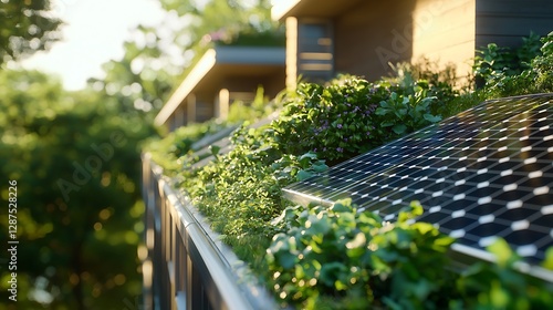 Green roof solar panels modern apartment building sustainable energy