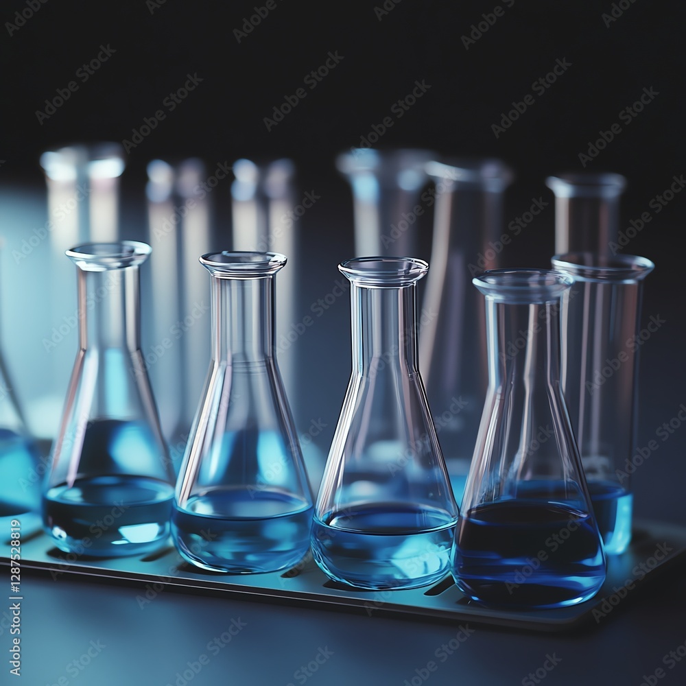 A collection of laboratory glassware filled with blue liquid, arranged neatly on a surface, showcasing a science theme. A collection of laboratory glassware filled with blue liquid, arranged neatly on a surface, showcasing a science theme.