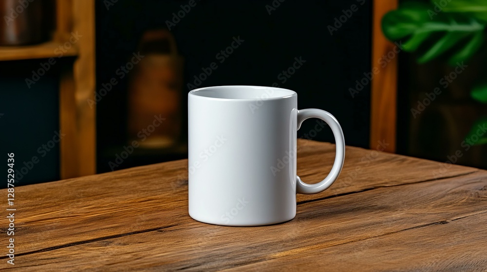 A simple white coffee mug resting on a rustic wooden table in a cozy environment A simple white coffee mug resting on a rustic wooden table in a cozy environment
