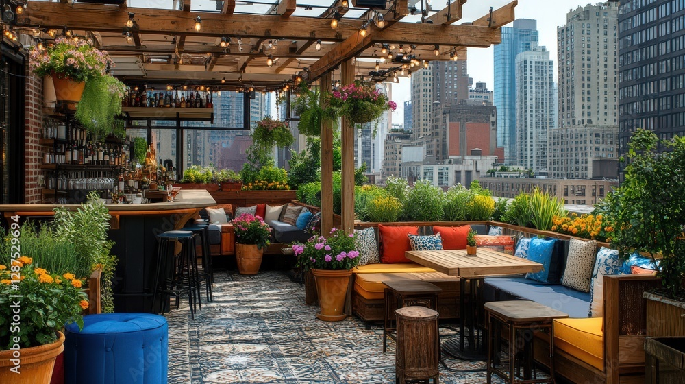 Naklejka premium Rooftop Garden Bar with City Skyline View