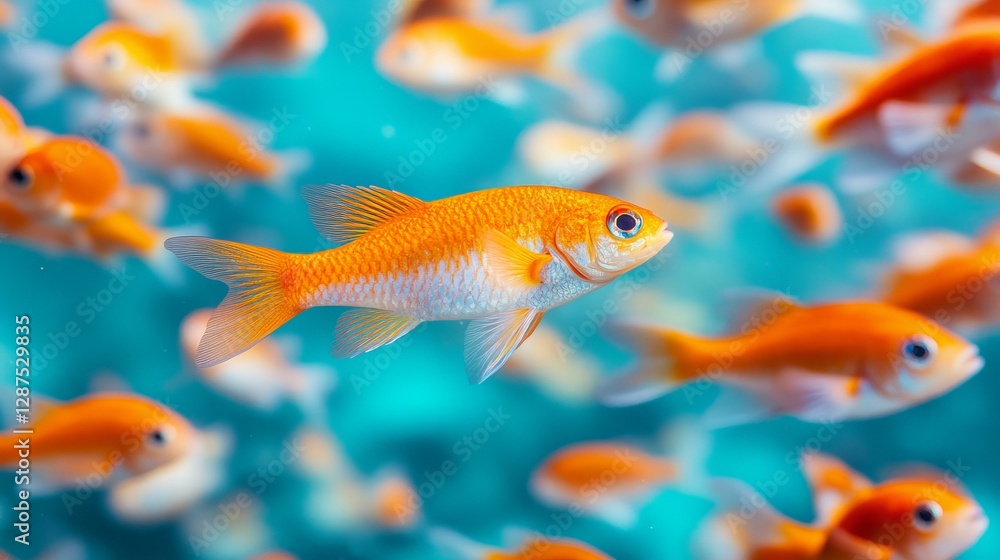 Fototapeta premium Colorful fish swimming among a school of fish in clear blue water of underwater environment