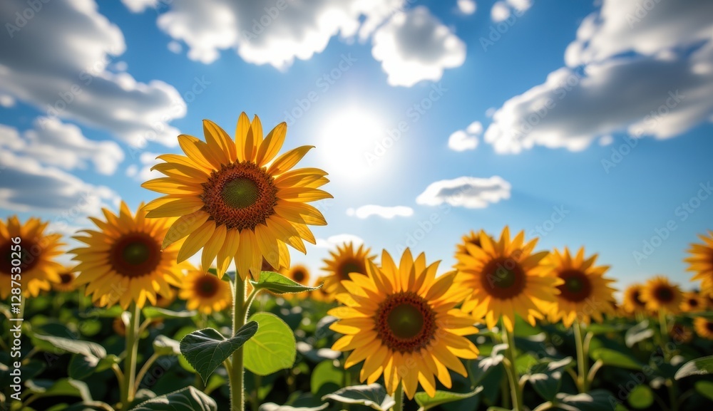 Sunflowers bloom under a vibrant sky with a full moon and clouds during sunset Sunflowers bloom under a vibrant sky with a full moon and clouds during sunset