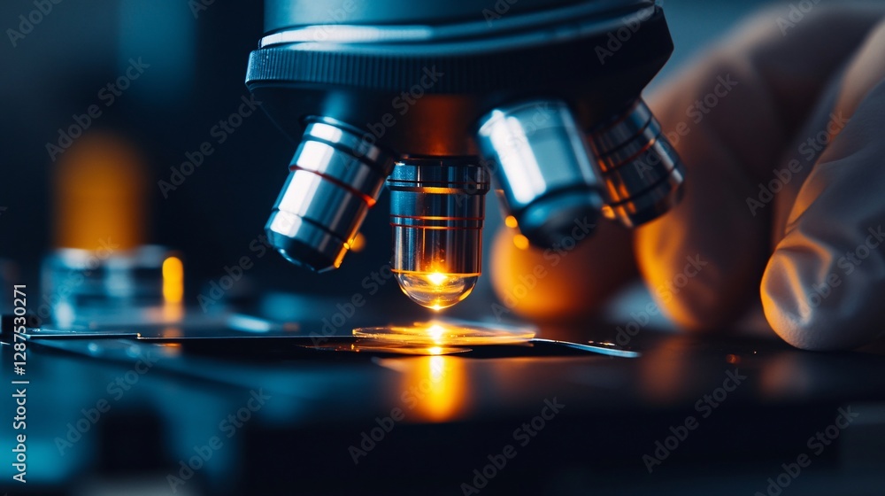 A Microscope Lens Focused on a Sample for Scientific Research A Microscope Lens Focused on a Sample for Scientific Research