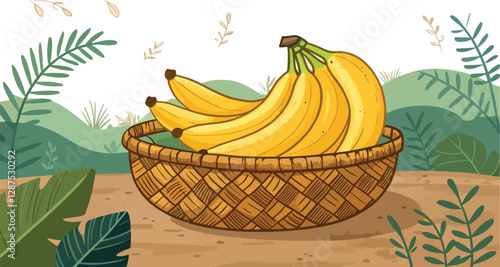 Banana in wicker basket in natural background illustration vector design