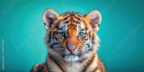 A captivating portrait of a young tiger cub, its striking blue eyes and intricate stripes, set against a vibrant teal backdrop, evokes a sense of wonder and wild beauty.