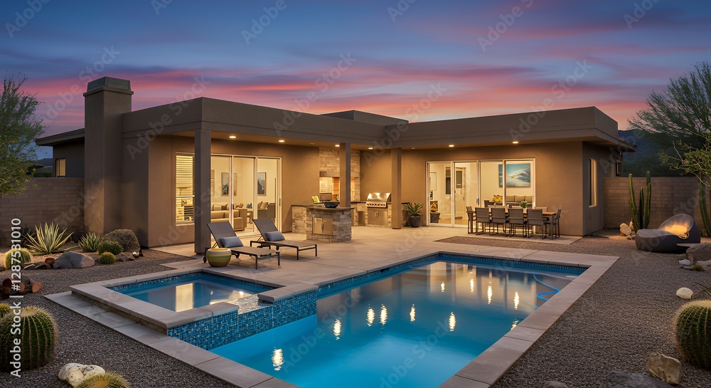 Fototapeta premium Modern Home with Pool and Spa at Sunset in Desert Landscape