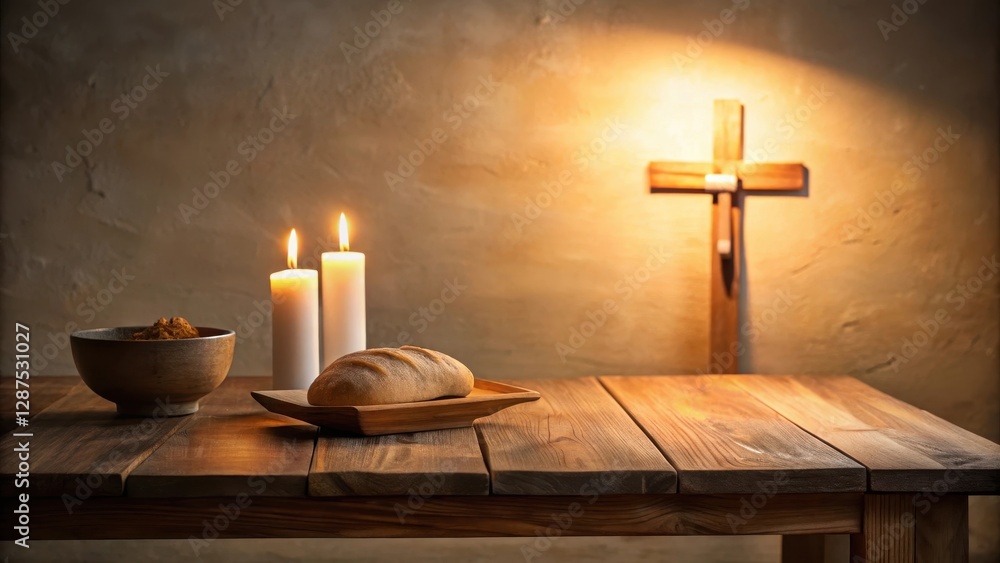 Naklejka premium A Simple Table Setting with Lit Candles, Bread, and a Wooden Cross in the Background