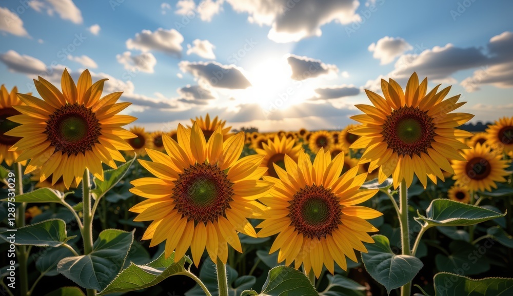 Sunflowers bloom under a vibrant sky with a full moon and clouds during sunset Sunflowers bloom under a vibrant sky with a full moon and clouds during sunset